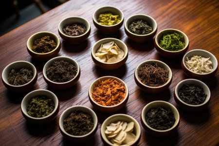 Spices and herbs in bowls on wooden table. Selective focus.の素材