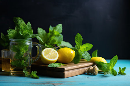 Peppermint tea ingredients on blue table, lemon slices on board, fresh mints in wooden box with leavの素材