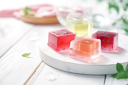 Glass jelly dessert on wooden table, space for text.の素材