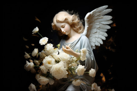 White flowers and an angel on a dark backdropの素材