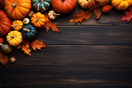 Top view of fall-themed arrangement on dark wooden table with dry leaves, ripe pumpkins, and copy spの素材