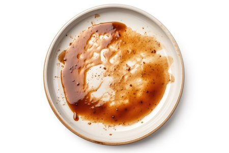 Sauce on a plate with dirty dishes, seen from above, isolated on a white background.の素材