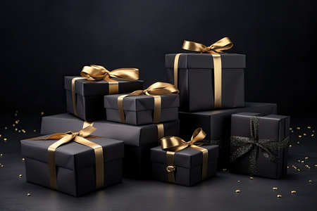 Black gift boxes with black ribbon on black background. Christmas theme.の素材