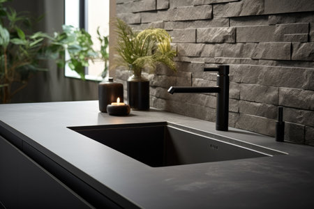 Black sink and matte black faucet contrast with grey porcelain surfaces resembling natural stones.の素材