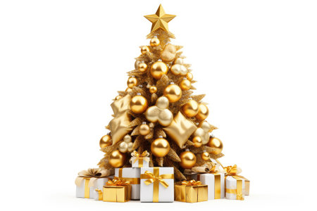 Gold Christmas tree adorned with patchwork ornaments, artificial star, hearts, and presents, isolateの素材