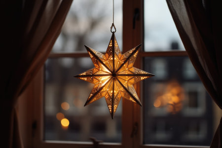 Cozy window with a Christmas star emitting warm light during Advent.の素材