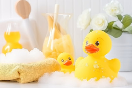 Bath essentials for babies including a rubber duck, soap bubbles, and bath foam.の素材