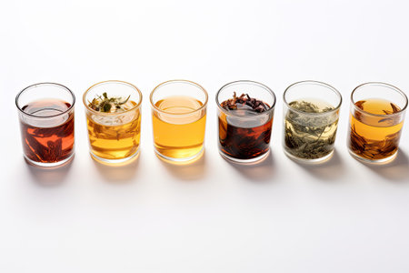 Various delicious teas in glass cups on a white backdrop.の素材