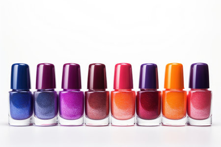 Assorted vibrant nail polishes set apart on a white surfaceの素材