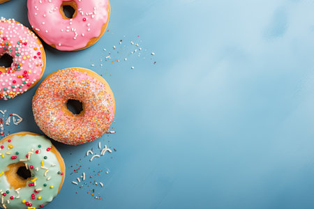 Assorted donuts with sprinkles on blue background copy space availableの素材