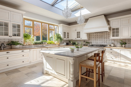 A luxurious kitchen in an elegant home, filled with light.の素材