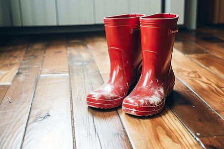 soiled children's rubber rain boots on synthetic floorの素材