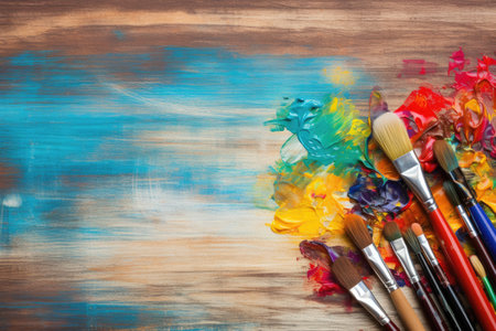 Artist tools on wooden backgroundの素材