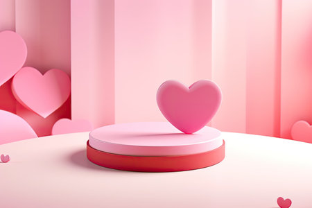 Valentines day mockup with cute pink scene, two round podiums, flying red and pink hearts. Perfect fの素材
