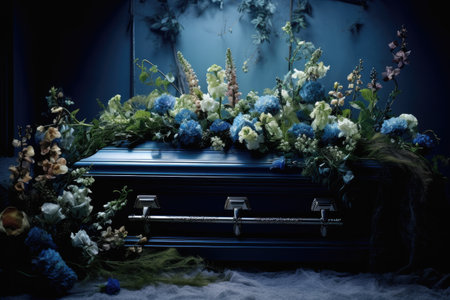 A blue casket with flowers in a mortuaryの素材