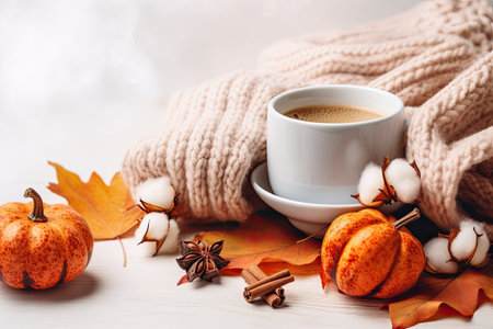Autumn scene: Cocoa mug, pumpkin candles, knitted sweater, cinnamon sticks, and leaves on light backの素材