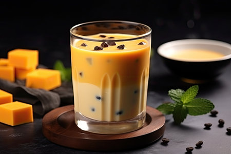 Trendy Thai milk tea, made of oolong or white tea, topped with whipped cheese, on a gray background.の素材