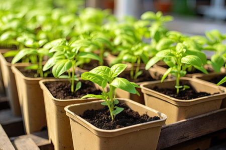Seedlings in biodegradable pots on a wooden table. Green plants in peat pots. Baby plants sowing inの素材