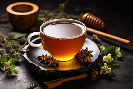 Morning tea rituals with a beautiful composition of white ceramic cup and tea leaves on a blackstoneの素材