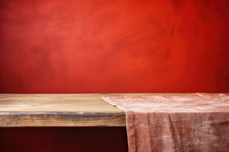 Wooden table, tablecloth, and grunge red wall in the background.の素材