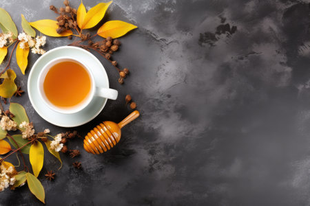 Morning tea rituals with a beautiful composition of white ceramic cup and tea leaves on a blackstoneの素材