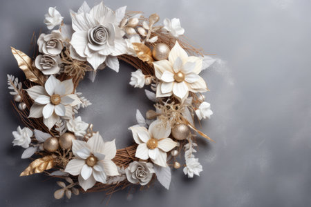 Top view of a lovely Christmas wreath on a grey background.の素材