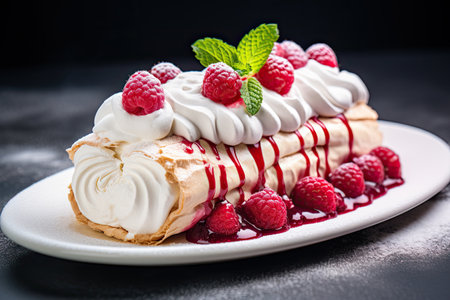 Delicious dessert, white board, baked meringue roll, cream, fresh red raspberryの素材
