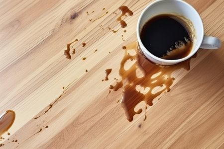 Laminate floor stained by spilled coffee from cup.の素材