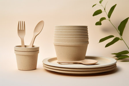 Eco-friendly and sustainable concept with biodegradable utensils and natural packaging for dishes anの素材