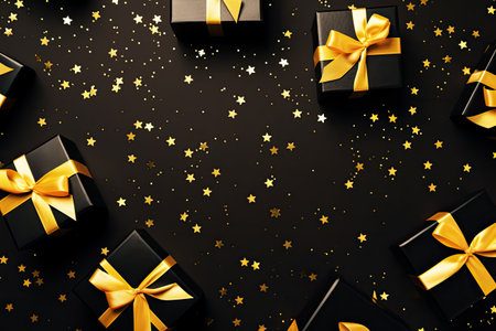 Black gift boxes with black ribbons, stars confetti, and glitter on a yellow background. Top view ofの素材