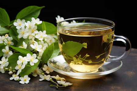 Green tea and white Jasmine flowers in two cups and a vaseの素材