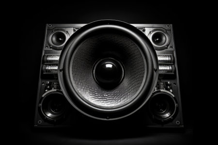 Monochrome sound speaker image on black backdrop, with handwritten Bass up text.の素材