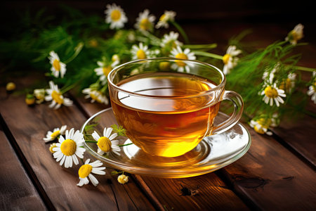 Herbal tea with chamomile, a soothing natural drink on a wooden table.の素材