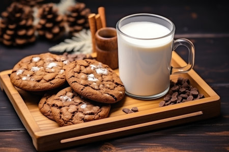 Hot chocolate and cookies on wooden tray for winter background.の素材