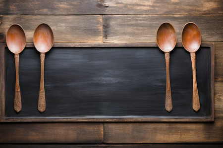 Wooden surface with a blackboard and serving spoonsの素材