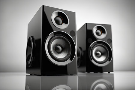 Reflective audio technics with black glossy music speakers on light grey background, captured in a hの素材