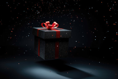 Black Friday promotion: Red bow gift box floating on black background, representing discount and onlの素材