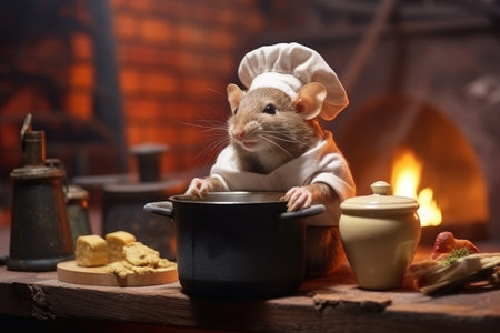 A rat chef in a hat cooks in a pot High quality photoの素材