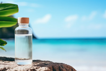 Label-less bottle with natural relaxation product on beach. Text area available.の素材