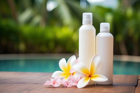 Plumeria shower and shampoo product on nature backgroundの素材