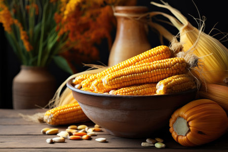 Corn seeds and ripe corn cobs on a tableの素材