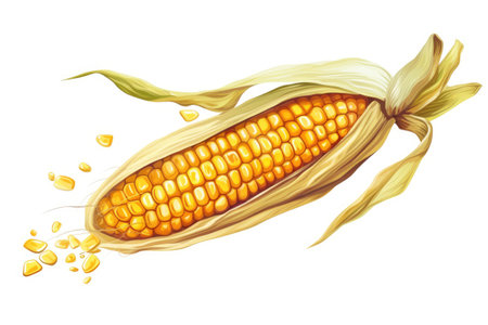 Isolated design element for product label, catalog print: broken flying corn cob with grains.の素材