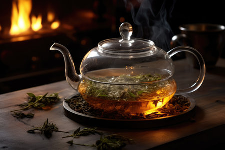 Boiling water fills the teapot with herbal tea in the strainer.の素材