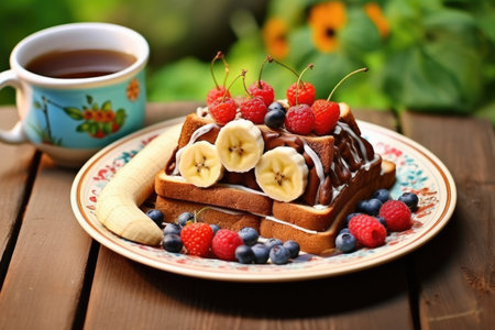 Children's breakfast - chocolate spread toast, banana, and berries. Good morning!の素材