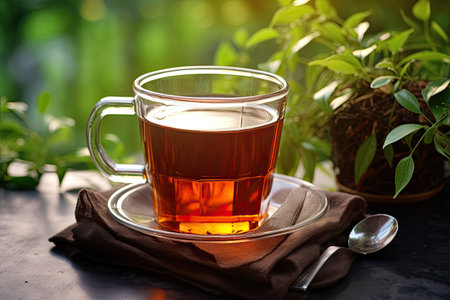 Close-up of a glass cup with bag of black tea on a green blurred background.の素材