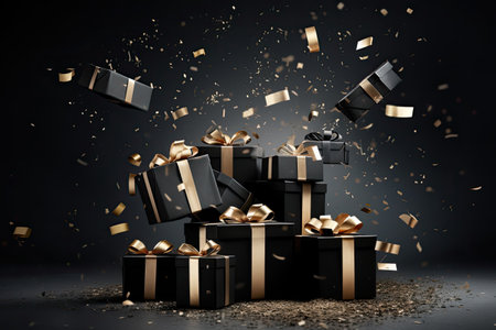 Black gift boxes with black ribbons and bows drop into an open paper shopping package labeled BLACKの素材