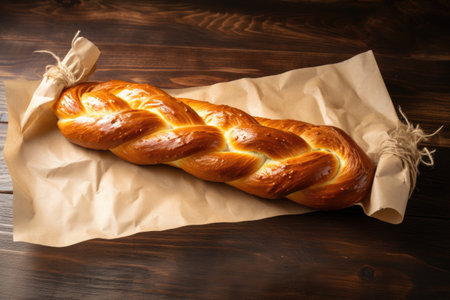 Challah bread, braided and placed on parchment paper, resting on a wooden table.の素材