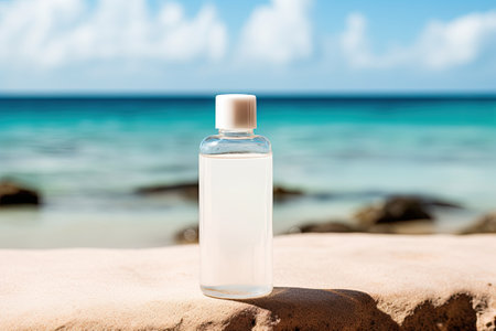Label-less bottle with natural relaxation product on beach. Text area available.の素材