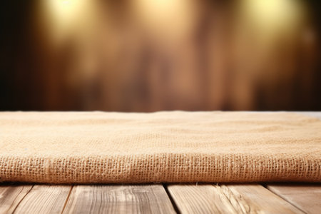 Blurred background with burlap texture on wooden table.の素材