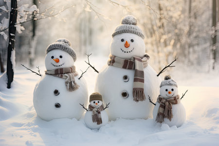 Snowmen in the snow, living harmoniously as a family.の素材